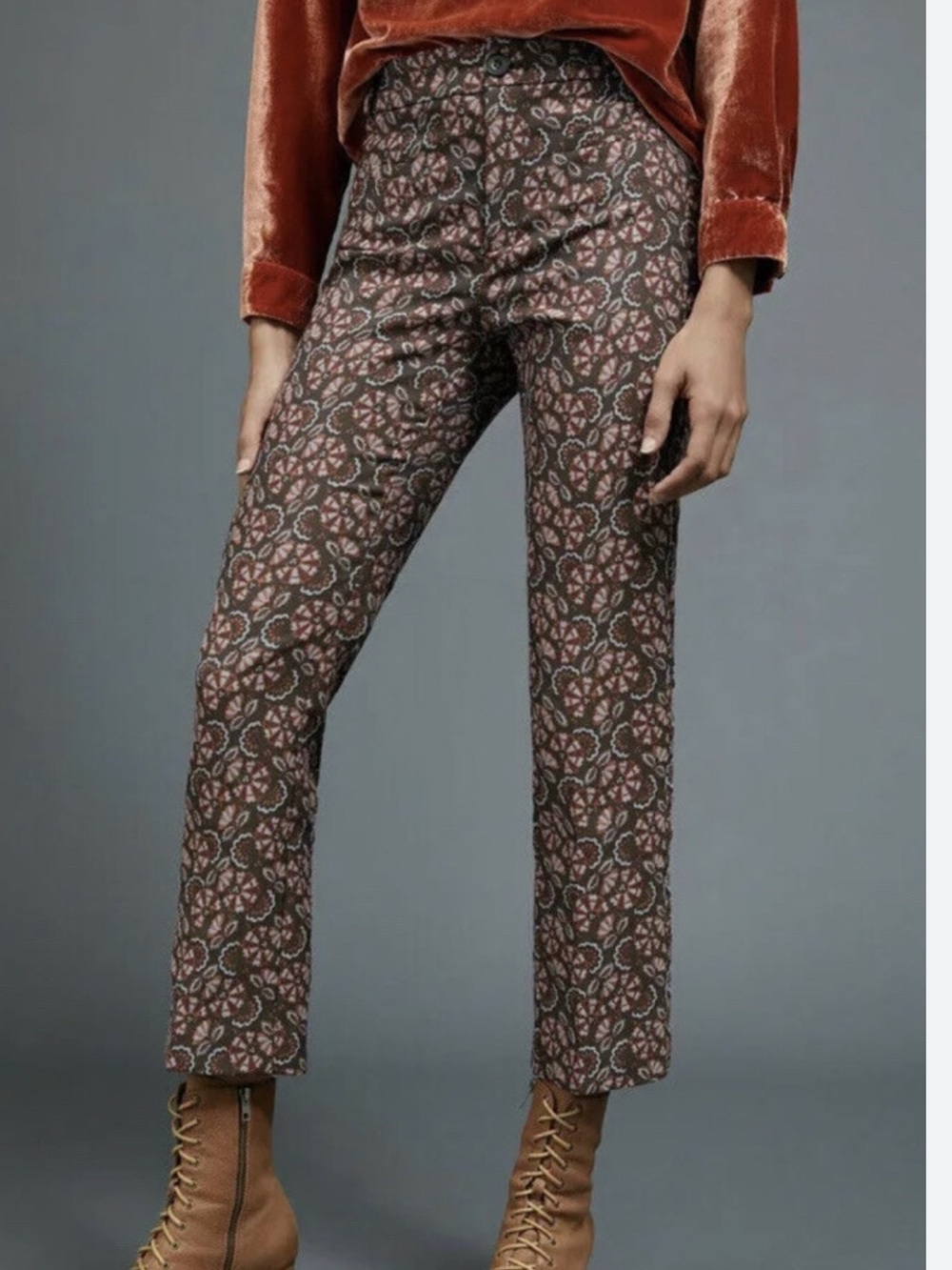 Anthropologie burgundy jacquard floral essential slim career pants size 14 NWT
